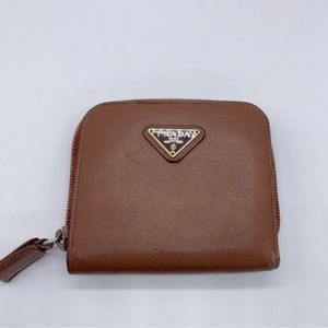 Prada Brown Leather Zip/Snap Compact Wallet